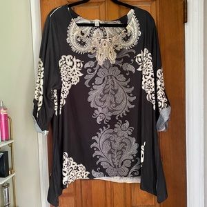 Dressbarn Shirt 3x Black Grey Cream w/ Rhinestones